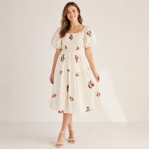 Parami Design‎ Embroidered Cottagecore Puff Sleeve Midi Dress Cream Large